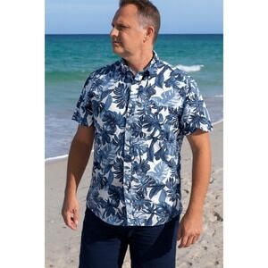 Eighth Avenue Men's Hawaiian Shirt M Blue White‎ Floral Button Pocket Made India